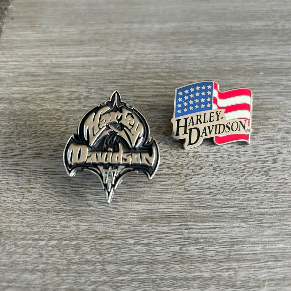 Harley-Davidson Silver Logo and American Flag Vintage Pin Set